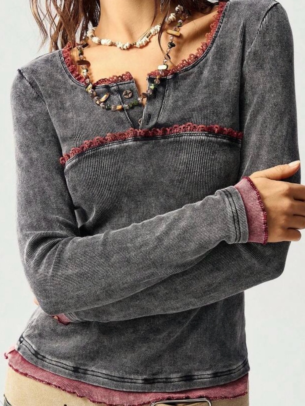 Washed Gray Lace-Trim Long Sleeve Top with Burgundy Accents